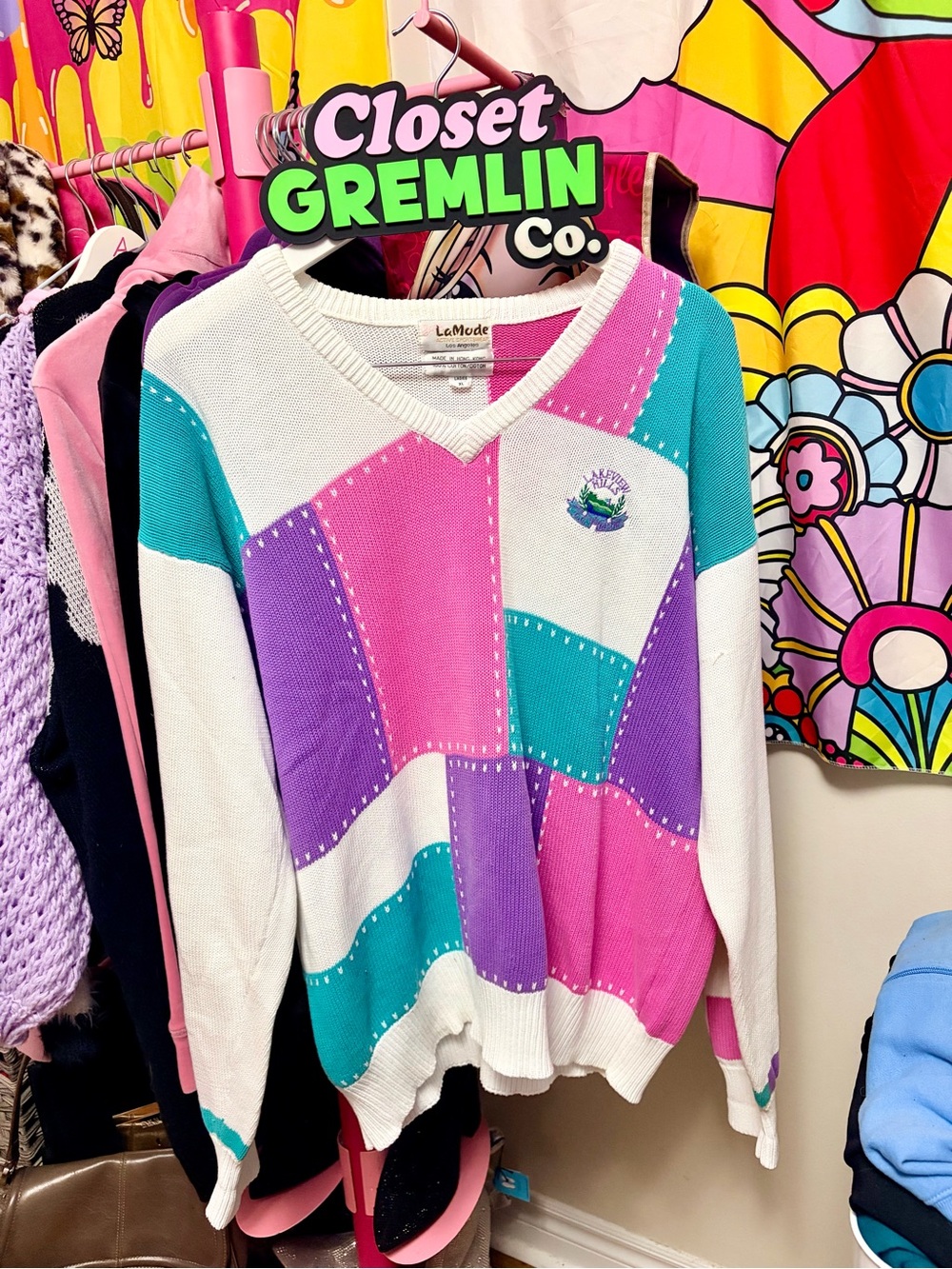 White V-Neck Sweater with Pink, Purple & Teal Patchwork 100% cotton